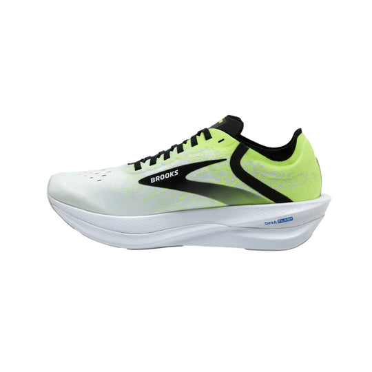 Neon yellow and white running shoe with black logo and thick white sole