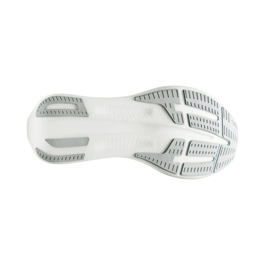 White running shoe outsole with gray traction pods and cutout tread pattern