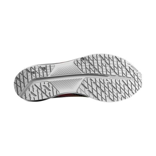 White running shoe outsole with gray tread pattern and Brooks logo