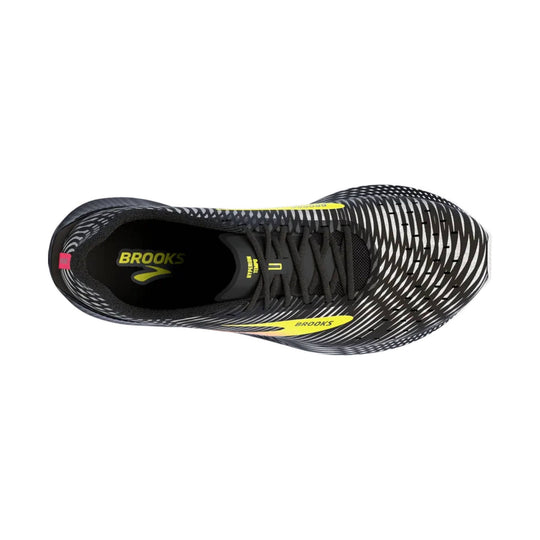 Black running shoe with white striped upper, neon yellow accents, and lace-up front, shown from above