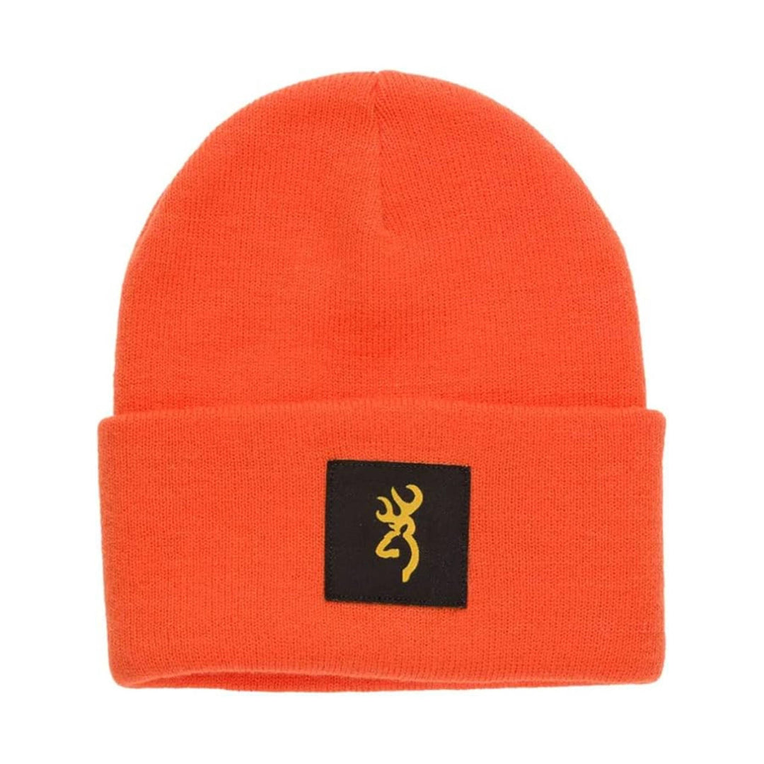 Bright orange knit beanie with a folded cuff and black patch logo