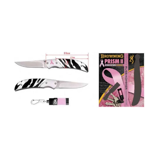 Zebra-pattern folding knife with matching pink keychain flashlight and product packaging