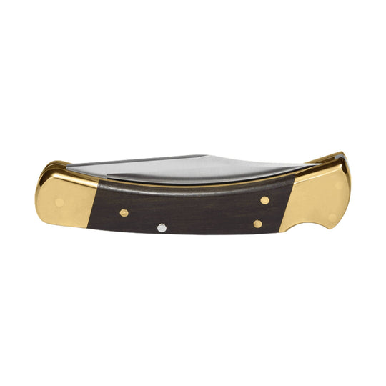 Folded folding knife with dark wood handle and brass bolsters on a white background