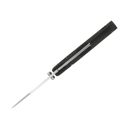 Black folding pocket knife with an extended silver blade