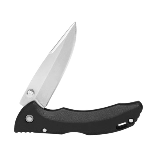 Open black folding pocket knife with silver blade