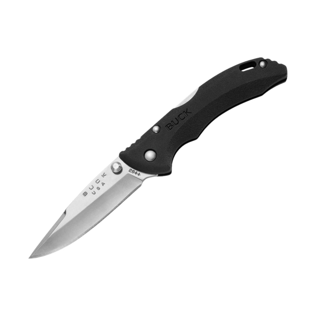 Folding pocket knife with black handle and silver blade, shown open on a white background