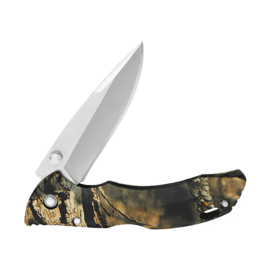 Open folding pocket knife with camouflage handle and silver blade