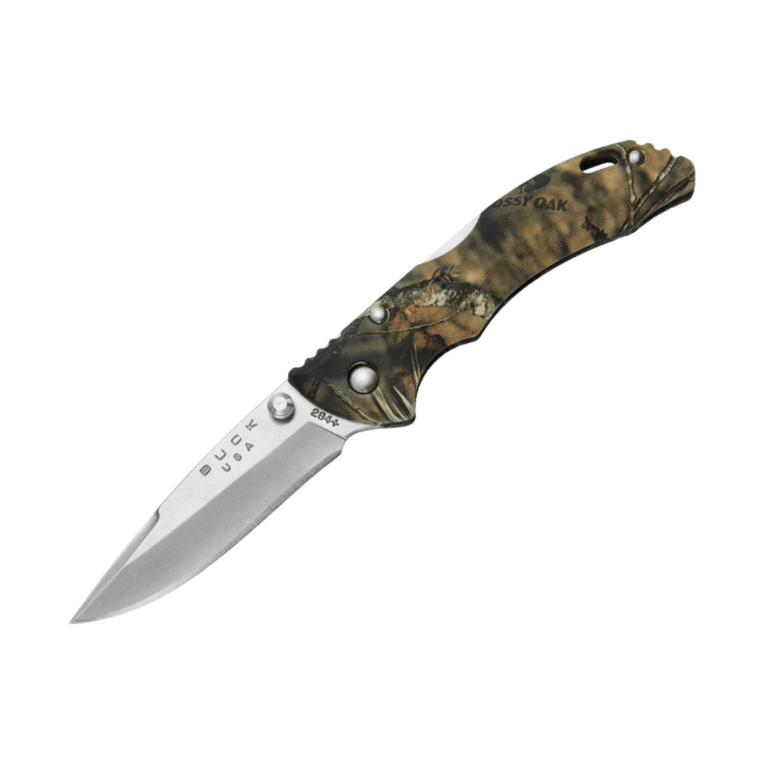 Folding pocket knife with a silver blade and Mossy Oak camouflage handle