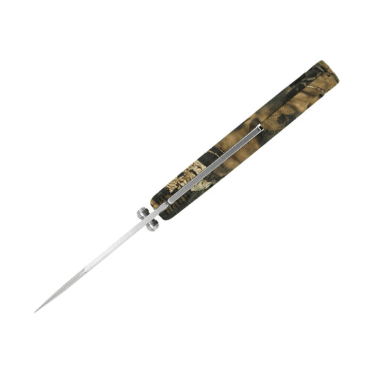Folding pocket knife with camouflage handle and extended silver blade