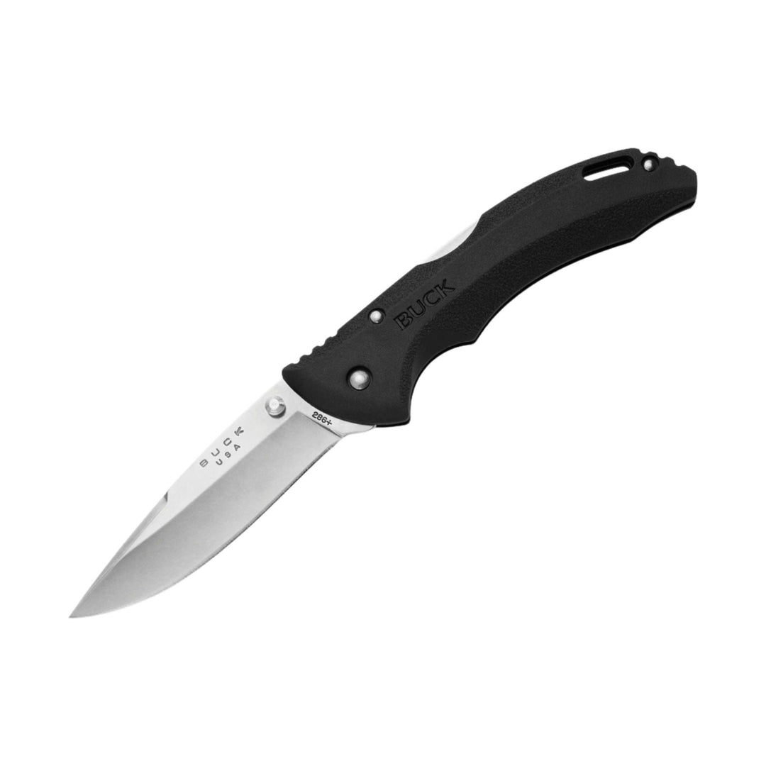 Black folding knife with silver blade and curved handle