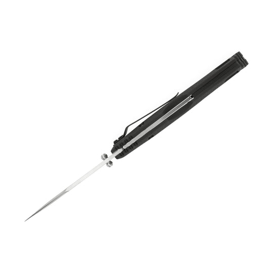 Black folding knife with a long silver blade and pocket clip, shown open on a white background