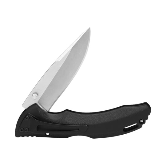 Black folding pocket knife with silver blade shown open on a white background