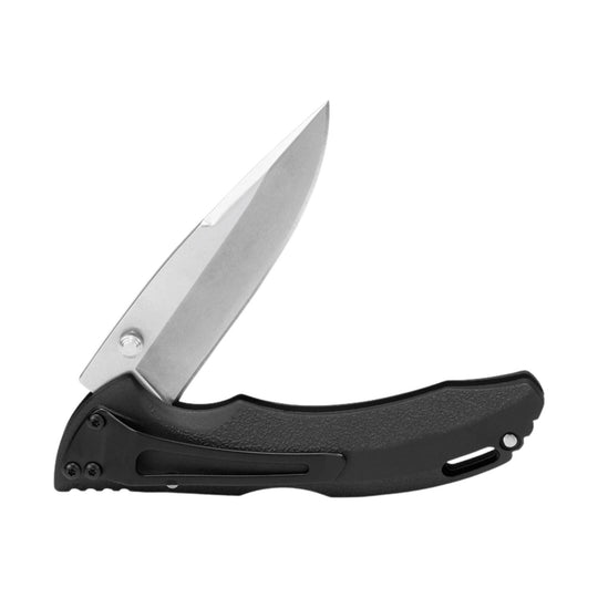 Black folding pocket knife with a silver blade, shown open on a white background