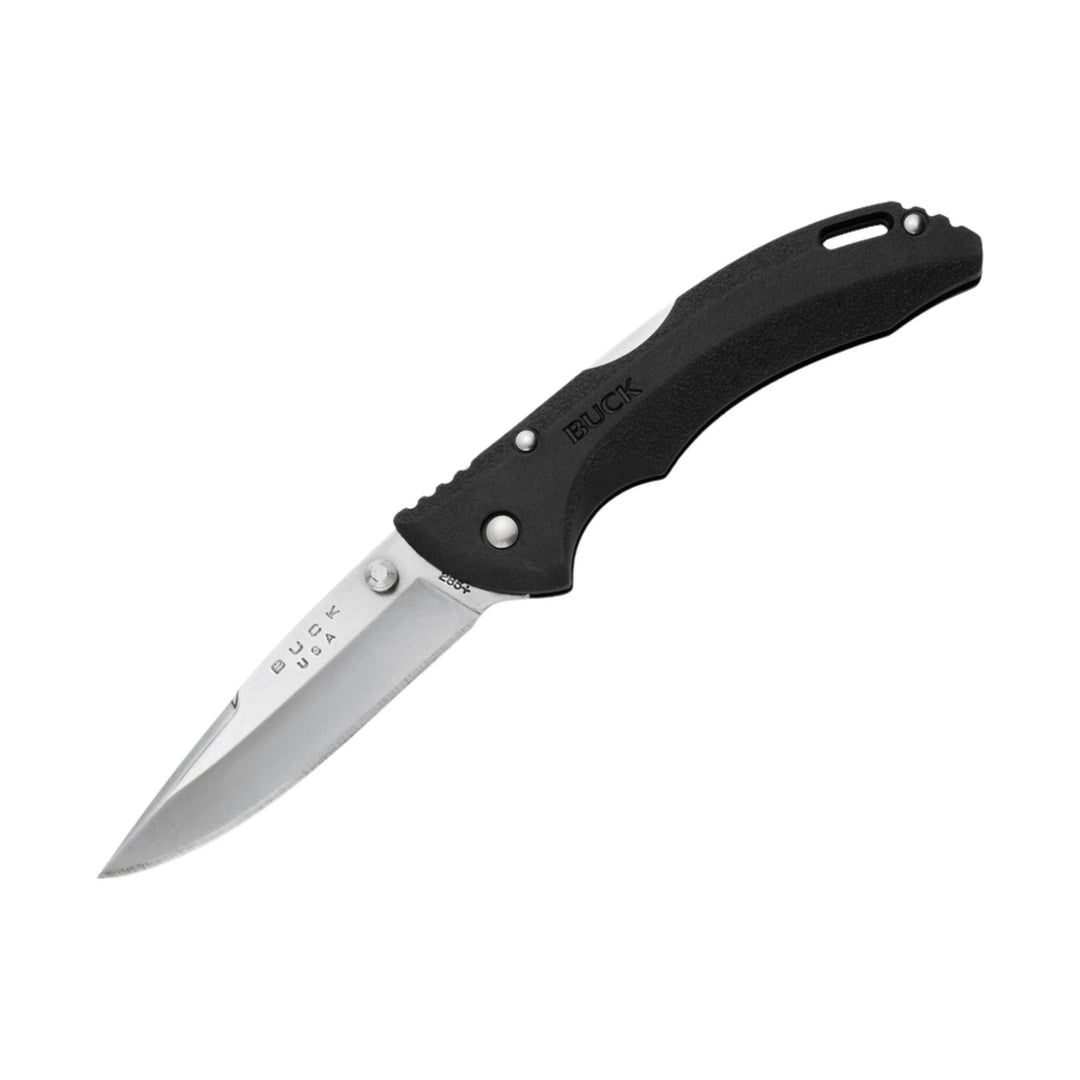 Black folding knife with a silver blade and lanyard hole