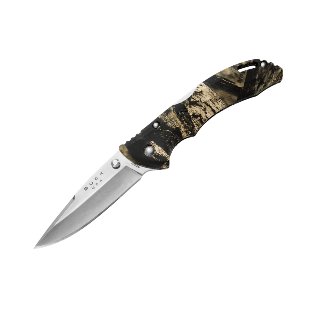 Folded pocket knife with silver blade and black-and-tan camouflage handle, shown open at an angle