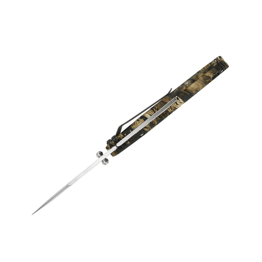 Camouflage folding pocket knife with a long silver blade and black pocket clip