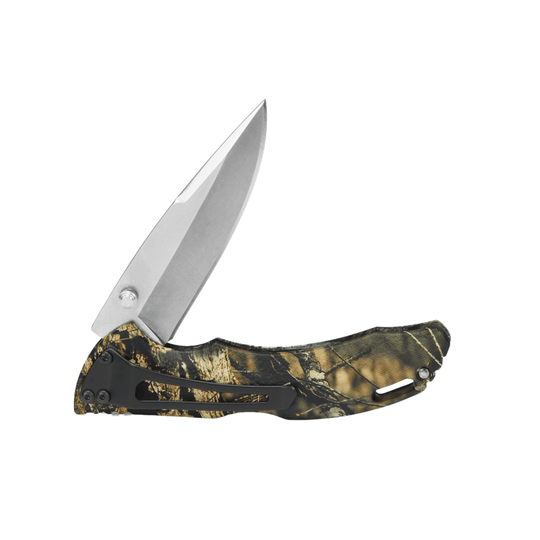 Open folding pocket knife with camo handle and silver blade
