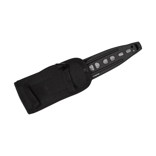 Black knife sheath with a black fixed-blade knife