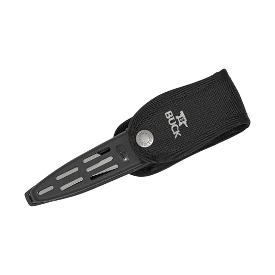 Black knife in a black sheath with BUCK branding