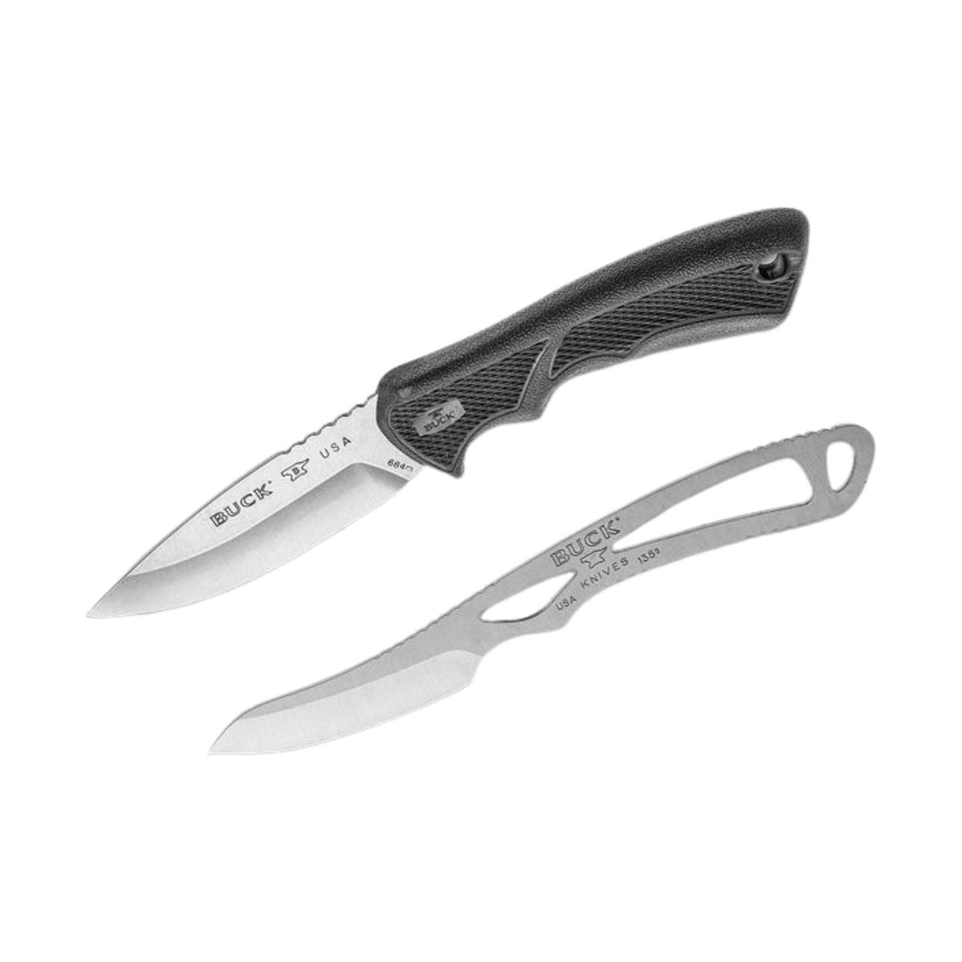 Black fixed-blade knife with sheath and a silver skeletonized fixed-blade knife