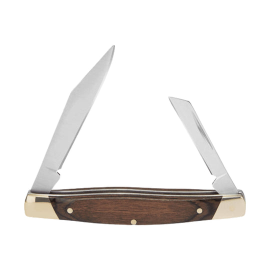 Partially open folding pocket knife with a wood handle and silver blades