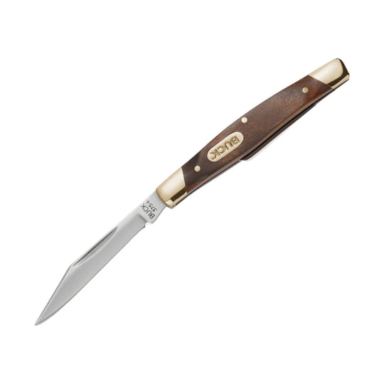 Folding pocket knife with brown wood handle, brass accents, and open silver blade