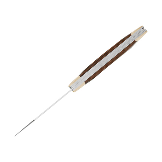 Wood-handled folding knife with a long slim blade on a white background