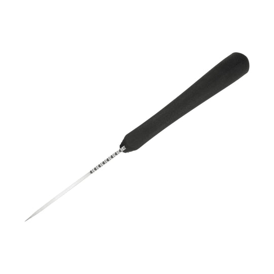 Black fixed-blade knife with a textured handle and long narrow blade on a white background