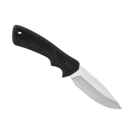 Black fixed-blade knife with a textured handle and silver blade, shown on a white background
