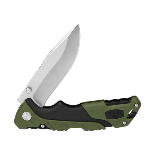Open olive-and-black folding pocket knife with a silver blade