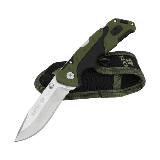 Open olive-and-black folding pocket knife with silver blade and black nylon sheath