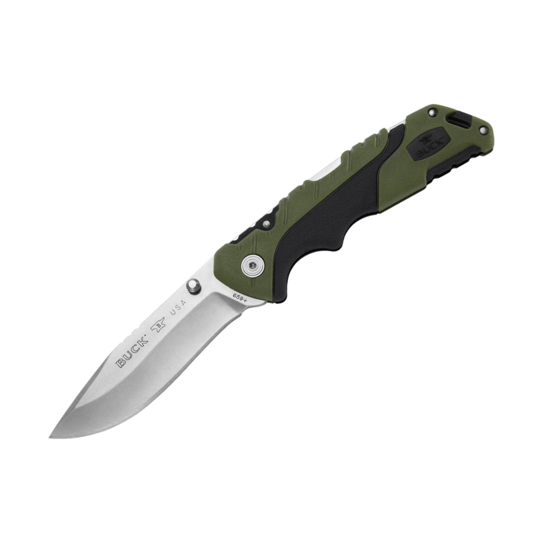 Olive and black folding pocket knife with a silver blade