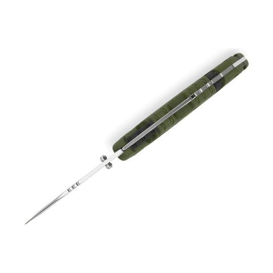 Green folding pocket knife with a silver blade extended on a white background
