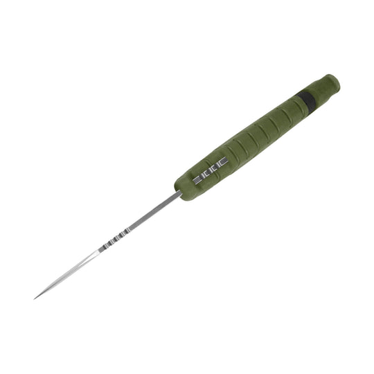 Green-handled fixed-blade knife with a long silver blade and lanyard beads