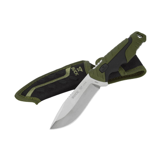 Olive and black fixed-blade knife with sheath, silver blade, and textured handle