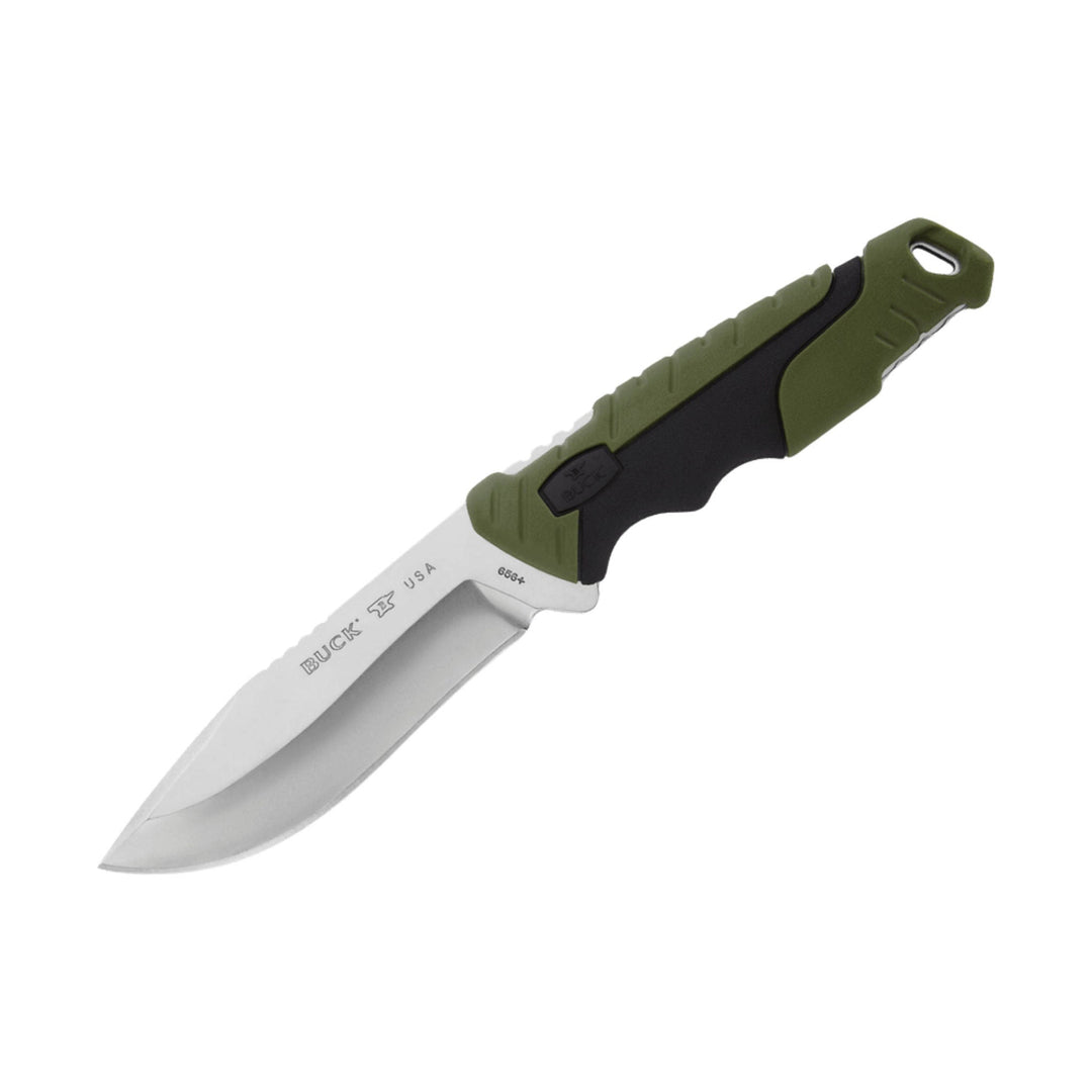 Olive and black fixed-blade knife with a silver blade and lanyard hole in the handle