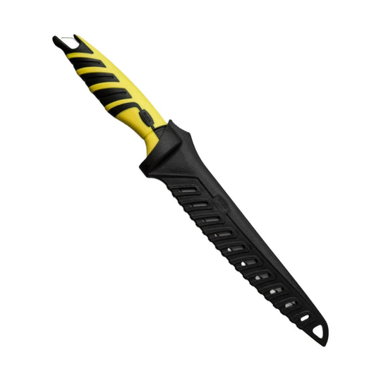 Yellow and black fixed-blade fishing knife with a textured black sheath
