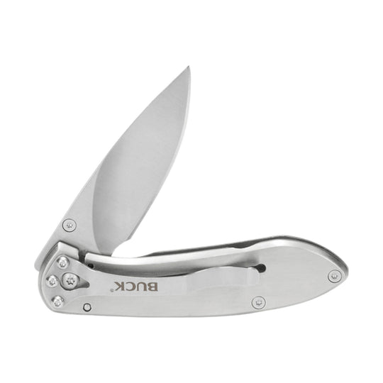 Silver folding pocket knife with open blade and visible BUCK logo
