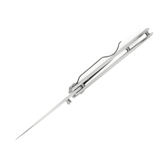 Folded silver pocket knife with a long pointed blade