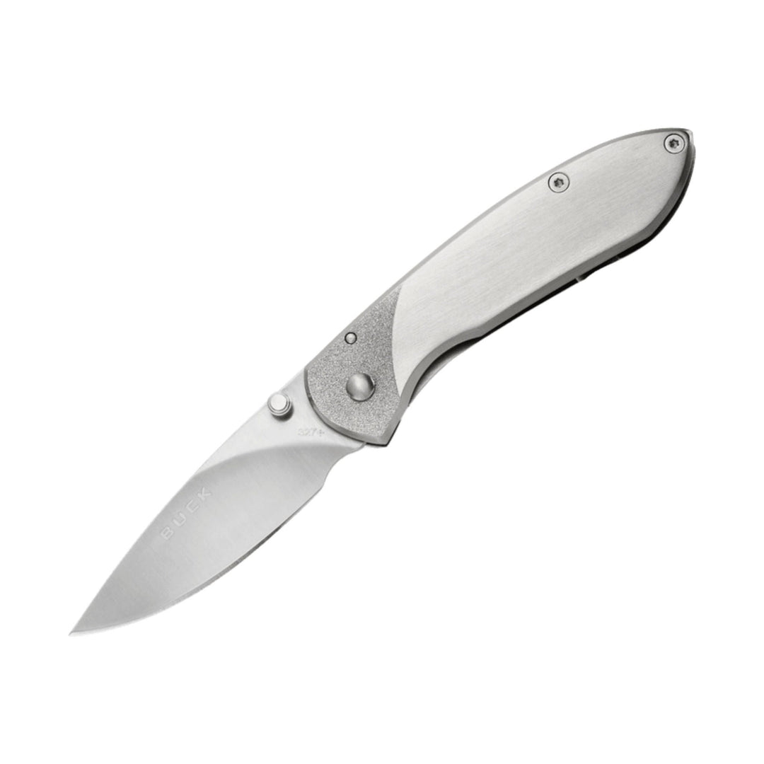 Silver folding pocket knife with brushed metal handle and drop-point blade