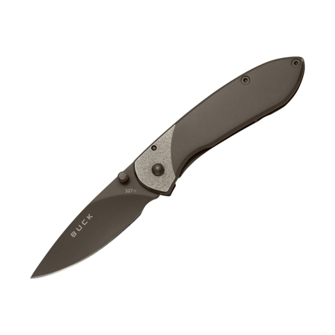 Folded gray pocketknife with textured handle and blade marked BUCK