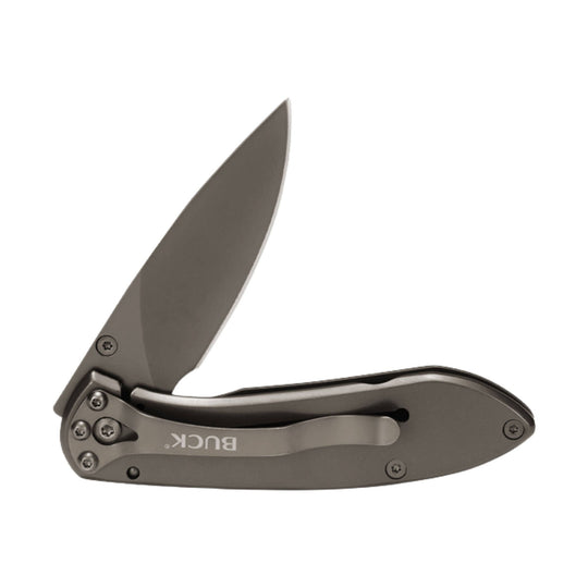 Open folding pocket knife with a gray handle and satin-finish blade