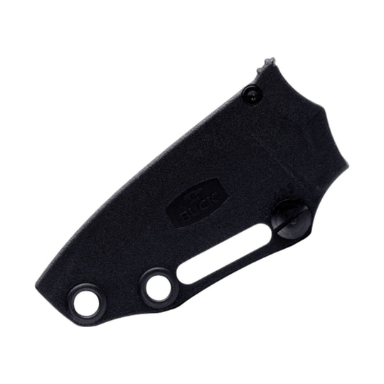 Black fixed-blade knife sheath with two rivets and a long belt slot