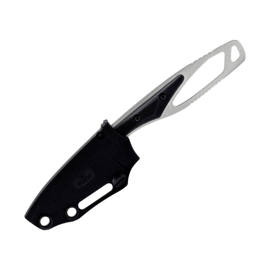 Black fixed-blade knife with a silver skeletonized handle and black sheath