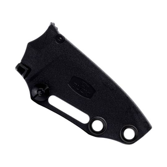 Black fixed-blade knife sheath with molded belt clip and two rivet holes