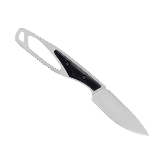 Silver fixed-blade knife with black textured handle and lanyard hole