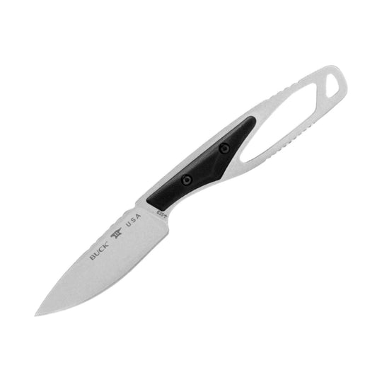 Silver fixed-blade knife with black handle inserts and a skeletonized handle, shown on a white background