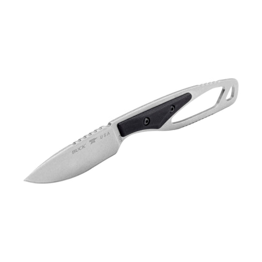 Silver fixed-blade knife with black handle insert and cutout pommel