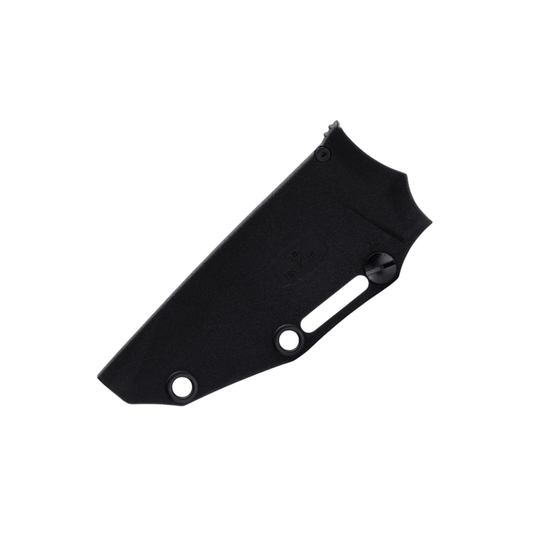 Black fixed-blade knife sheath with molded clip and mounting holes