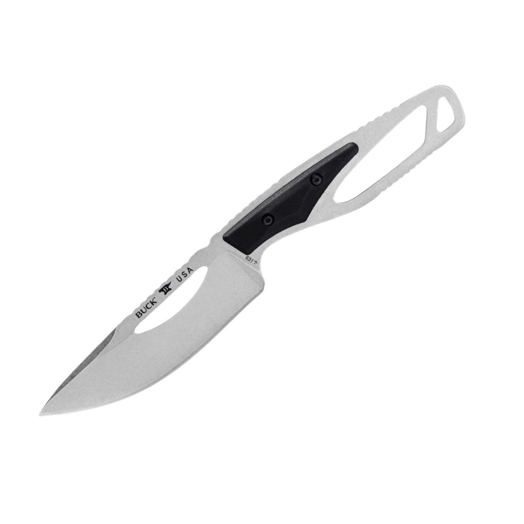 White fixed-blade knife with black handle insert and lanyard hole